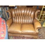 Brown Leather 2 Seater Wing Back Sofa & 2 Wing Back Armchairs & Storage Footstool ( split to one