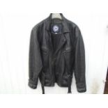 MENS BLACK LEATHER BELTED BIKER JACKET SIZE L