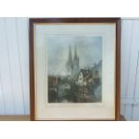 A COLOURED ETCHING SIGNED IN MARGIN CAMILLE FONCE A VIEW OF CHARTRES 57CM X 44CM