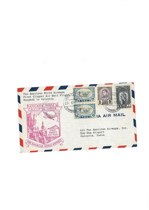 Pan American World Airways First Clipper Air Mail Flight Bangkok to Calcutta cover, date stamp