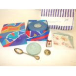 Vintage cosmetics and Coronation items including silk handkerchief