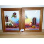 PAIR OF SPANISH HAND PAINTED FRAMED TILES 24CM