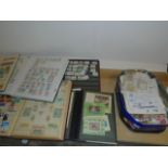 TIN OF LOOSE STAMPS AND 5 STOCK BOOKS OF STAMPS TO INCLUDE GERMANY, JAPAN AND SOUTH AFRICA