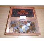 WOODEN CIGAR BOX FULL OF COINS