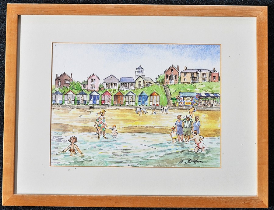 H. Martin Cowan Pen and ink wash of a beach scene with beach huts in the back ground glazed & framed