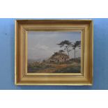 Oil on canvas of a highland scene with a small bothy and trees sight: 23 x 18 cm gilt frame:34 x