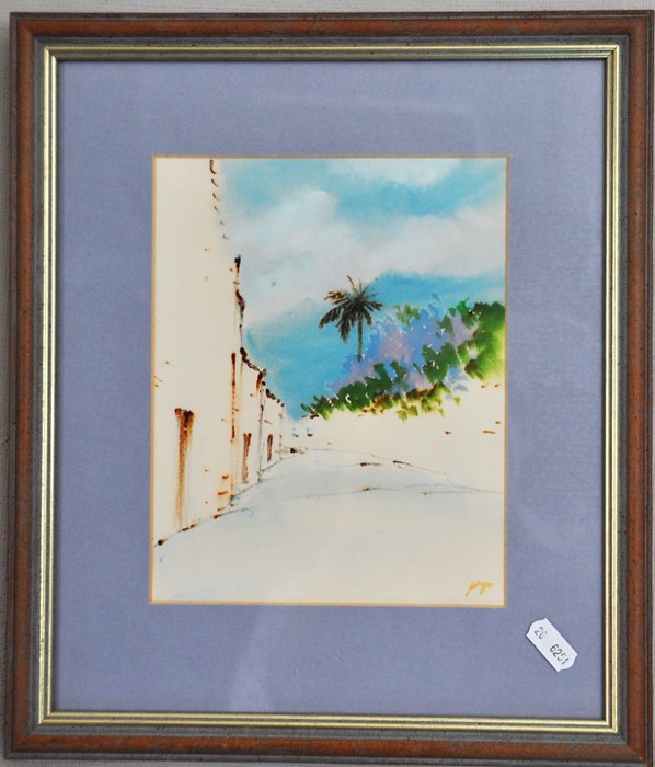Helmut Wollny, (German) framed and glazed watercolour of a tropical street scene. signed bottom