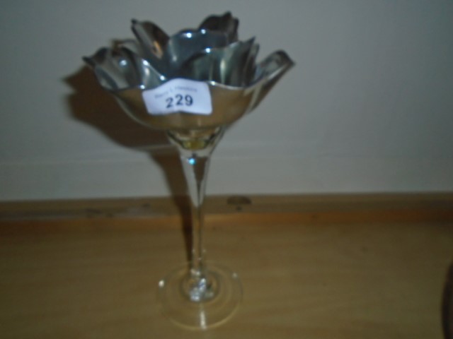 GLASS STEM CANDLESTICK WITH SILVER COLOUR LEAVES 26CM TALL