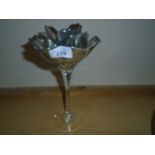 GLASS STEM CANDLESTICK WITH SILVER COLOUR LEAVES 26CM TALL