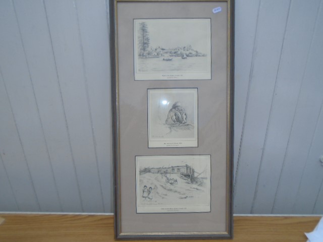 FRAMED AND GLAZED SET OF 3 SIGNED PENCIL DRAWINGS 1898 72CM X 36CM