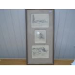 FRAMED AND GLAZED SET OF 3 SIGNED PENCIL DRAWINGS 1898 72CM X 36CM