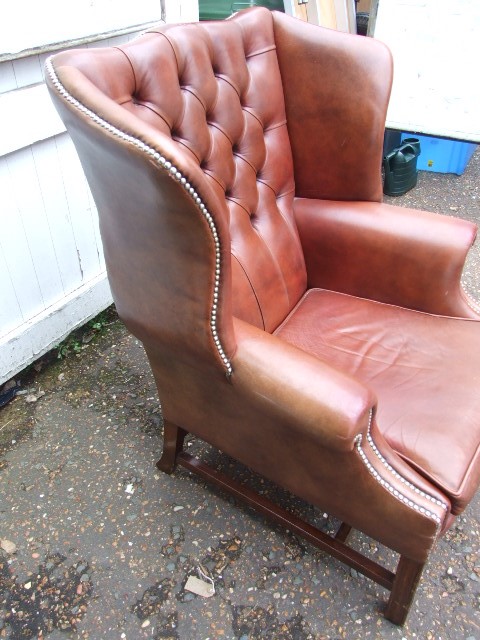 Vintage Leather Wing Back Armchair with Button Back - Image 3 of 5