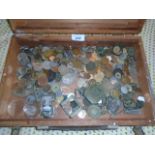 WOODEN CASE OF METAL DETECTOR FINDS AND COINS ETC