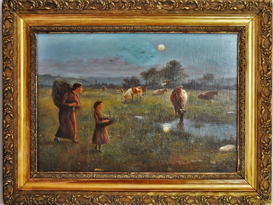 H MACKEY rural scene mother and young girl with feeding cows in moonlight, oil, 35 x 50 cms