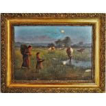 H MACKEY rural scene mother and young girl with feeding cows in moonlight, oil, 35 x 50 cms