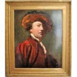 In the style of Old Master School of Painting Oil portrait of a gentleman wearing a red tunic,