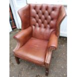 Vintage Leather Wing Back Armchair with Button Back