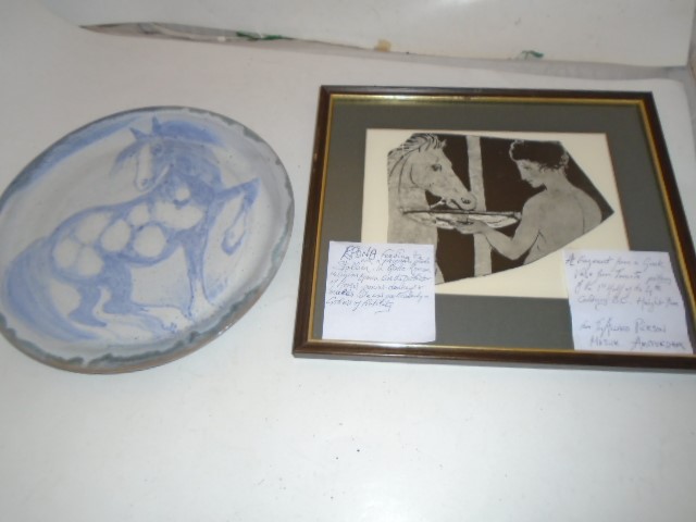 FRAMED PHOTO OF DUTCH ARTWORK OF EPONA FEEDING THE STALLION WITH A SALT GLAZED PLATE WITH A WILD