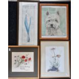 Four pictures to include two floral prints, water colour of a westy and a tapestry of poppies