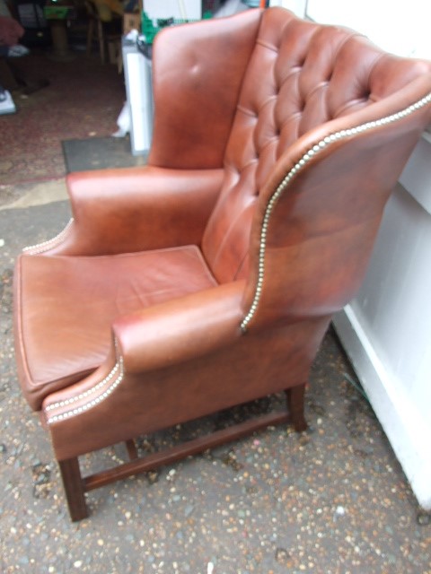 Vintage Leather Wing Back Armchair with Button Back - Image 4 of 5