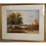 A LEWIS summer rural scene watercolour boating and fishing near a bridge with horse and cart passing