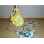 ROYAL DOULTON PRETTY LADY, COLLECTABLE TILES AND LIDDED GLASS TRINKET DISH