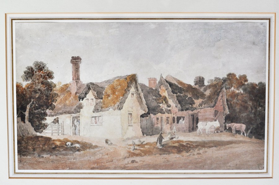 Robert Dixon (Norfolk School 1780-1815) landscape with cottages and figures watercolour over light