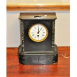 19th Century slate and marble mantle clock with key and pendulum, height 34cm