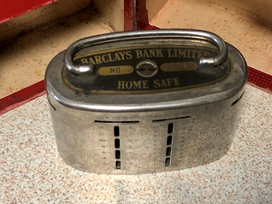 A Wheatstone Wren mouth accordion and a Barclays Bank home-safe in original box