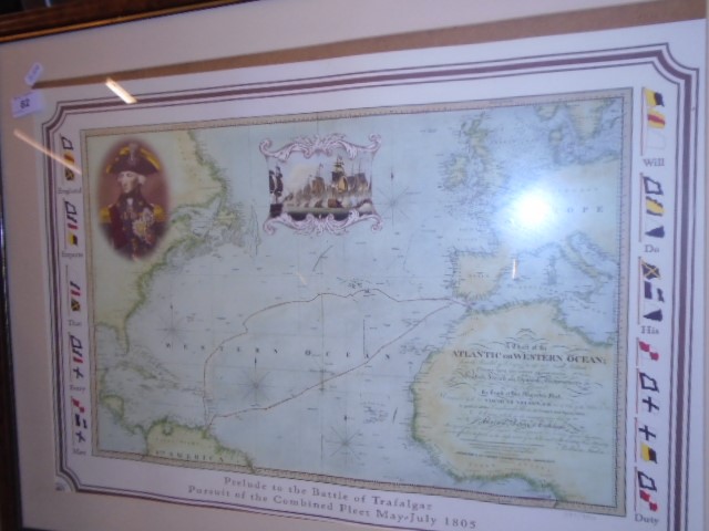 FRAMED AND GLAZED MAP OF THE PRELUDE TO THE BATTLE OF TRAFALGAR 77CM X 58CM