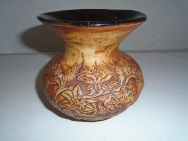 BROWN EARTH WARE GLAZED VASE FLORAL MOTIF BY OUOLLOO DESIGNS POTTERY