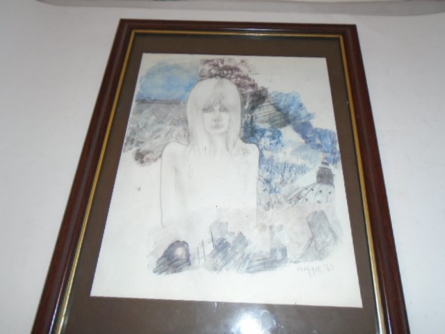 1967 DRAWING OF A WOMAN SIGNED MAGGIE