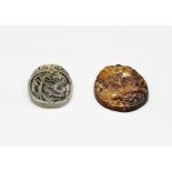 2 JAPANESE CARVED HARDSTONE OVAL PLAQUES/PENDANTS ONE WITH A SERPENT THE OTHER WITH AN EAGLE