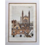 A framed limited print (4/250) roof top view of church SIRAOM '86 signed in pencil Roger Masing 45