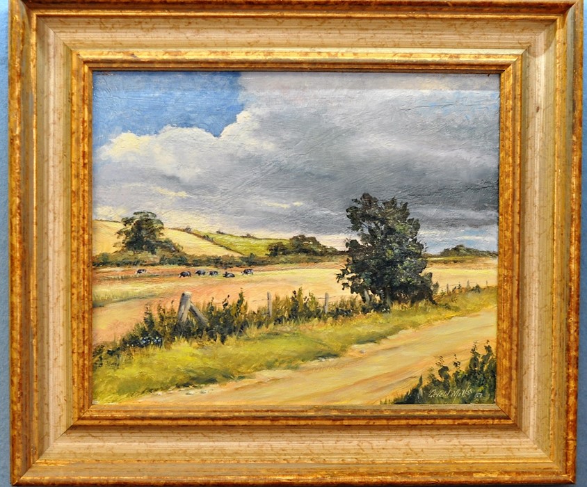 Gerald Mills (British), oil on canvas landscape framed in gilt frame, 41cm x 36cm