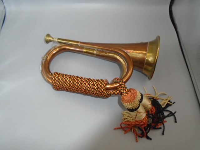 Copper and Brass bugle with Kumaon regimental cap badge and tassels - Image 4 of 4