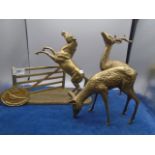 Collection of brass animals to include horse rearing at gate and 2 deer plus a brass plaque from