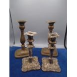 3 pairs of plated candlesticks (one over copper), round plated tray, Biscuit barrel, teapot etc