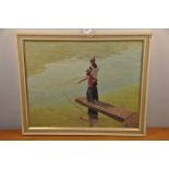 Oil on board - The Anglers signed 1974 19 1/4" x 15 1/4".
