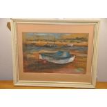 Abstract mixed media - Boat in dunes signed Johnson ? 17" x 11".