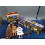 Collection of vintage toys to include Jouef wind-up mouse, 3 dolls, Crescent Silver Jubilee coach