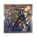 A box of mixed jewellery that includes a cameo brooch two ladies watches, necklace brooches; hair