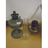 Metal oil lamp and brass oil lamp missing stand plus glass oil lamp chimney