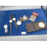 3 Modern pocket watches and 3 wrist watches plus an 8 day travelling clock in leather stand up case
