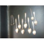 8 Silver Spoons , Silver Sugar tongs ( 93 grams total) & other plated cutlery