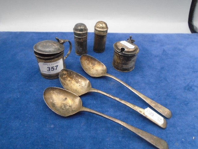 3 early silver spoons London together with 2 lined mustard pots and 2 pepper pots (net weight 163g) - Image 2 of 4
