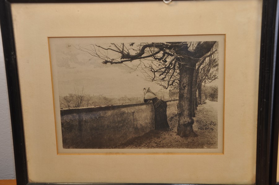 ? Wood block lady leaning on wall 10 1/4" x 7" R. Furneem Farm by river bank with Windmill 12" x 8 - Image 2 of 3