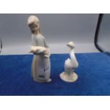 2 LLadro figurines - Girl holding a pig 7" tall and a goose