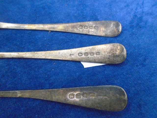 3 early silver spoons London together with 2 lined mustard pots and 2 pepper pots (net weight 163g) - Image 4 of 4