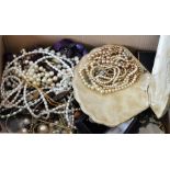 Costume jewellery including pearl necklace brooches etc in a shoe box